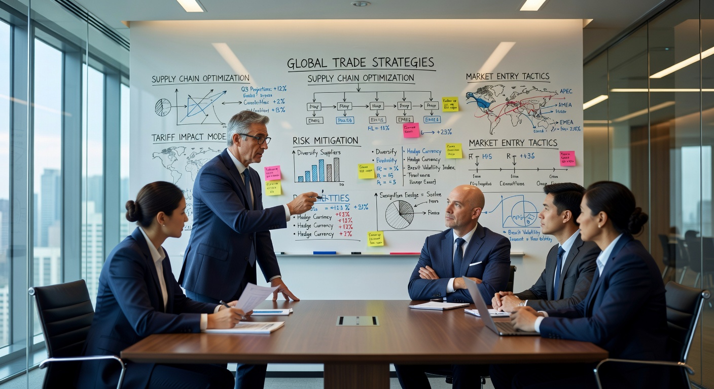 Reunión de equipo de consultoría revisando estrategias de comercio exterior