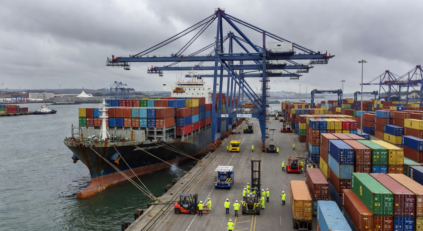 Buque portacontenedores descargando en puerto español
