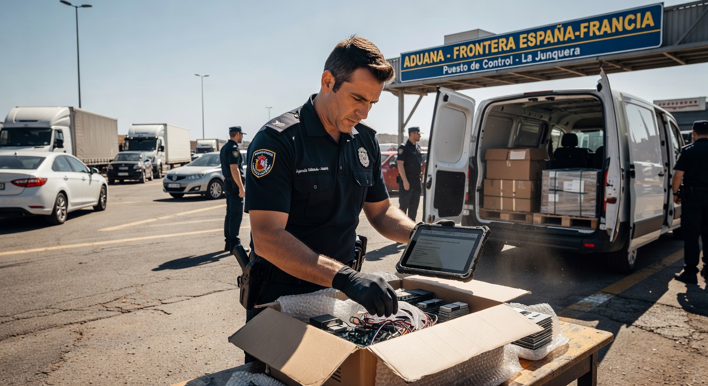 Inspector aduanero de la AEAT supervisando mercancías en la aduana de Barcelona
