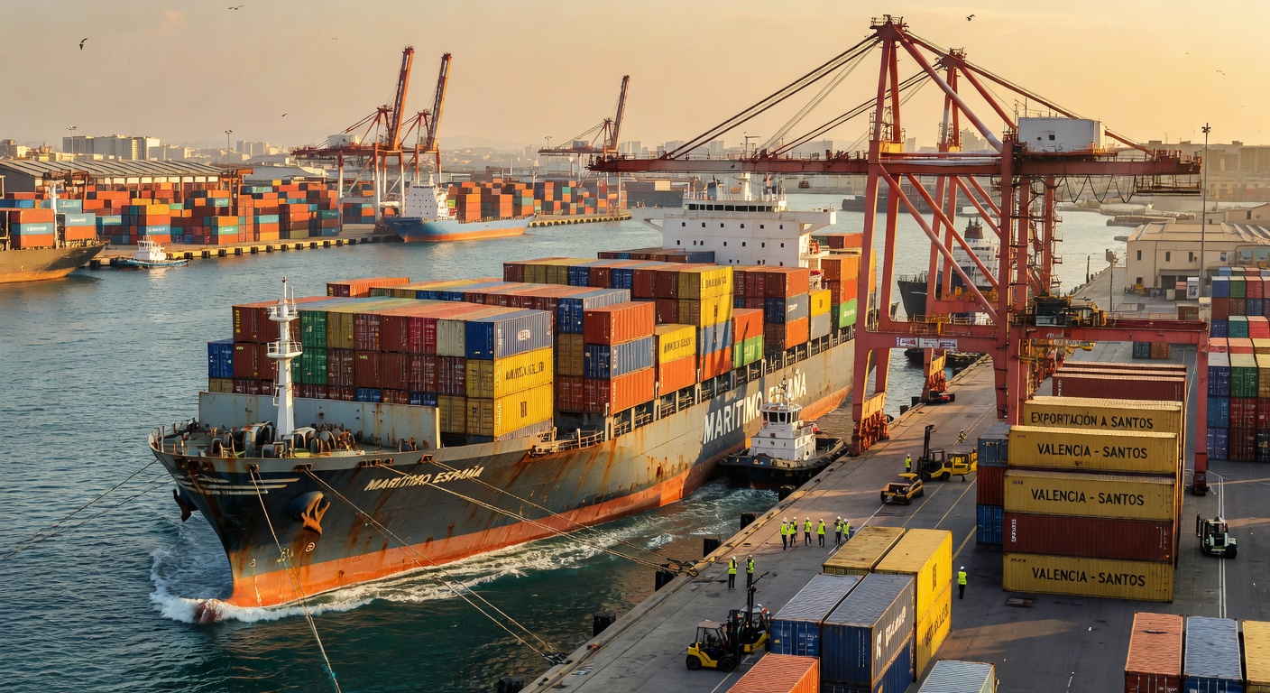 Buque de carga saliendo del puerto de Barcelona para exportación internacional
