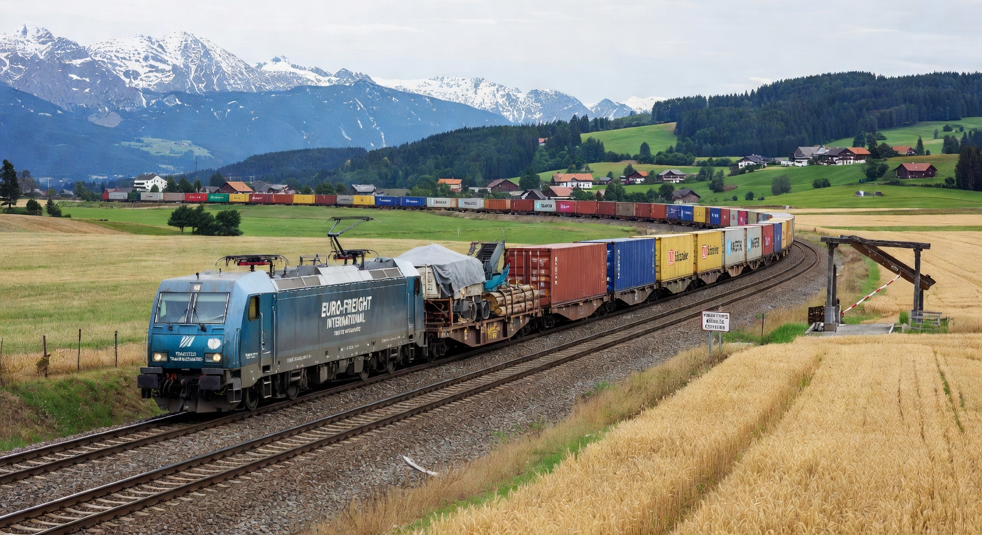 Tren de mercancías cruzando fronteras europeas como parte de la estrategia de cadena de suministro