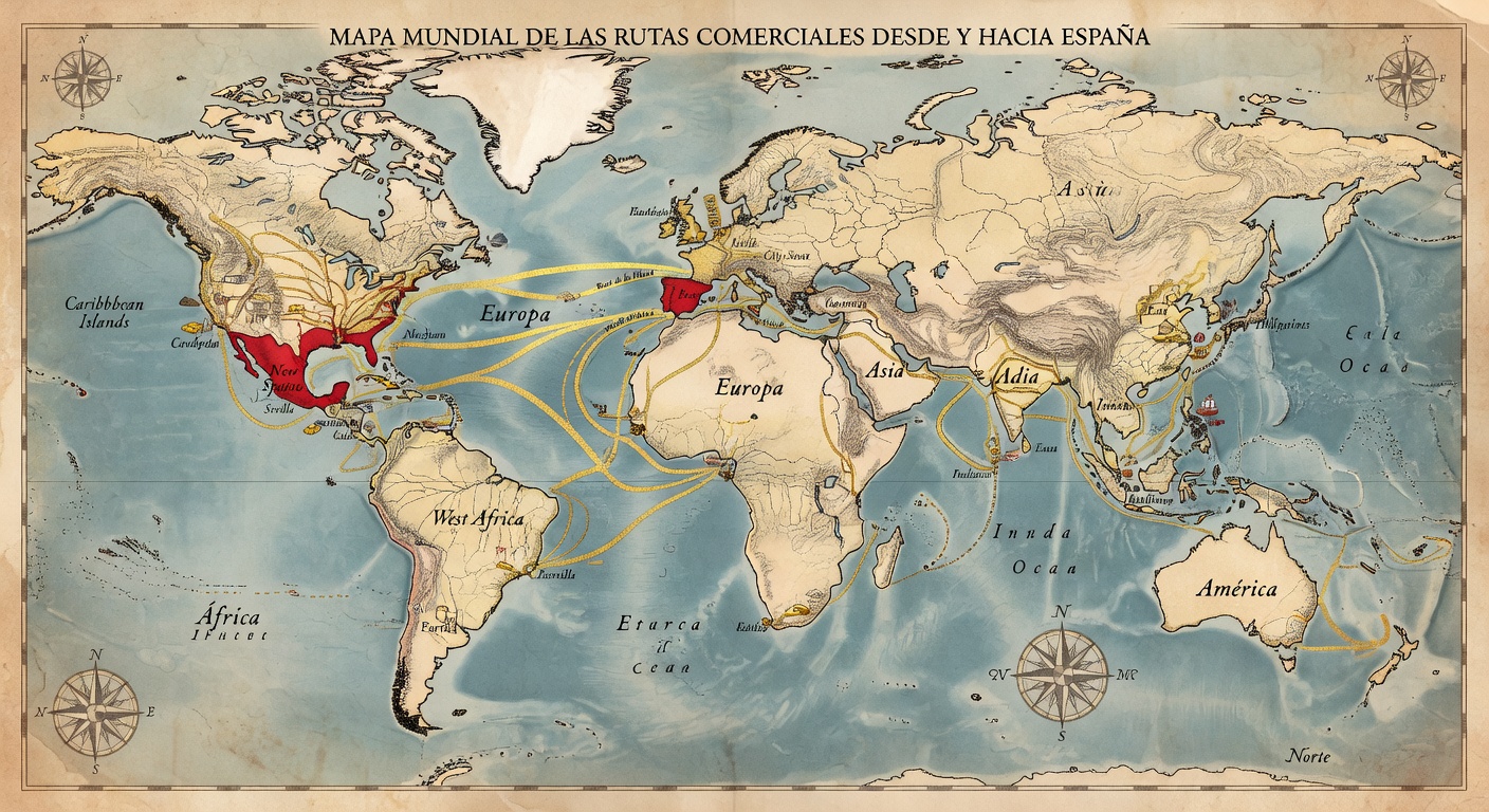 Mapa de comercio internacional desde España, rutas de exportación e importación