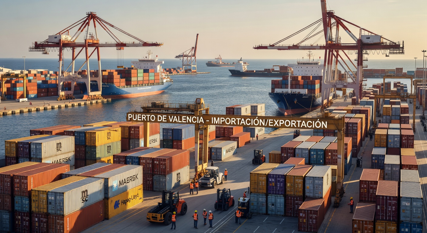 Contenedores de envío en puerto español, operaciones de comercio exterior